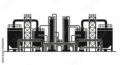 Industrial factory complex with pipes and tanks.