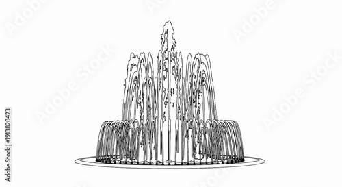Stylized line art fountain with multiple cascading water streams