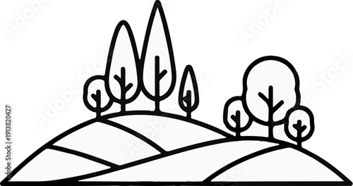 Stylized line art depicts rolling hills with a grove of diverse trees