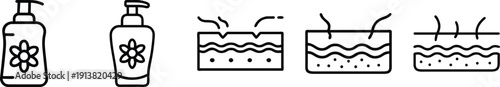 Skincare and skin health icons: cosmetic bottles, and cross-sections of skin layers showing moisture and absorption. on a transparent background
