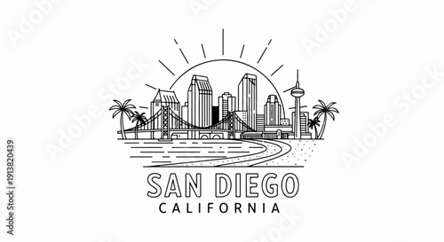 Stylized line art illustration of a city skyline with a bridge, palm trees, and sunrays