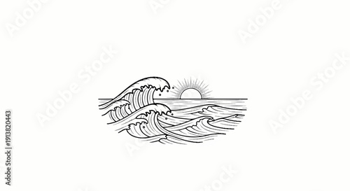 Stylized line art depicts ocean waves at sunrise with sun rays radiating outward