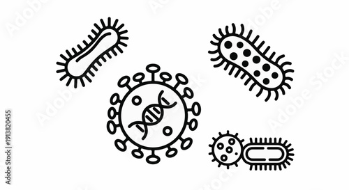 Stylized line art icons of various microscopic organisms and viruses