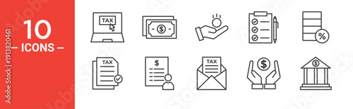 Income tax finance icon set with ten minimal designs