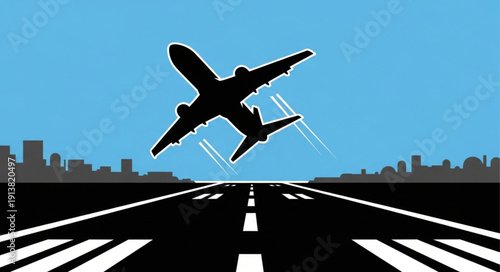 Airplane taking off from runway against city skyline.