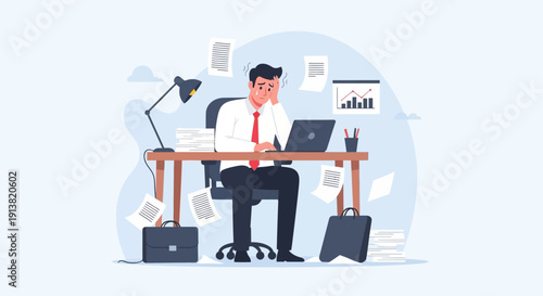 Stressed businessman sitting at messy office desk with paperwork and workload pressure illustration
