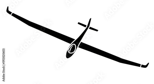 Black silhouette of a hang glider in flight against a white background.