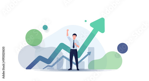 Business success concept with businessman celebrating growth and upward arrow illustration
