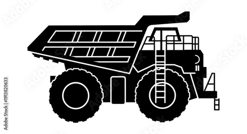 Black and white illustration of a large mining dump truck.