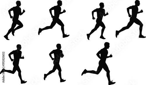 Black male runner silhouettes in various running poses on white background