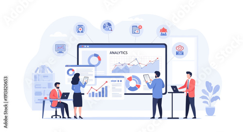 Business analytics presentation concept with team analyzing data and growth strategy illustration

