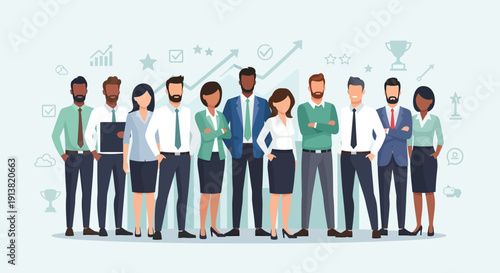 Diverse business team standing together with trophies and achievement icons illustration
