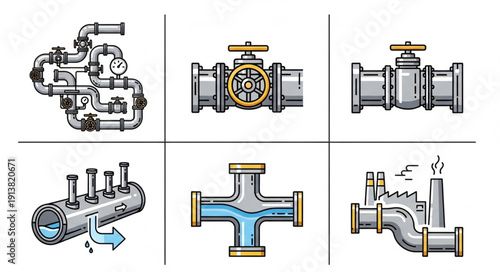 Industrial plumbing system components and valves illustration.