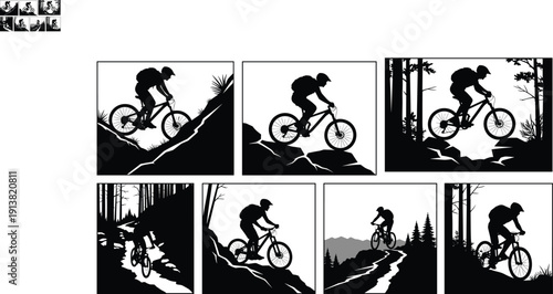Mountain biker silhouette riding downhill on rocky terrain and forest trails mountain biking