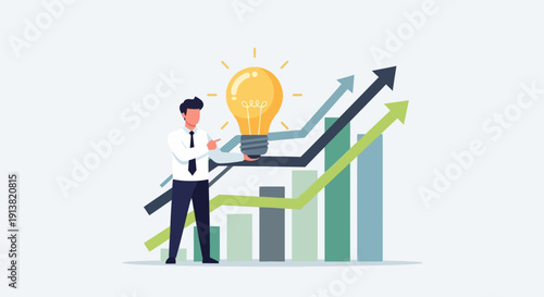 Business share growth concept with businessman presenting rising chart and upward arrow illustration
