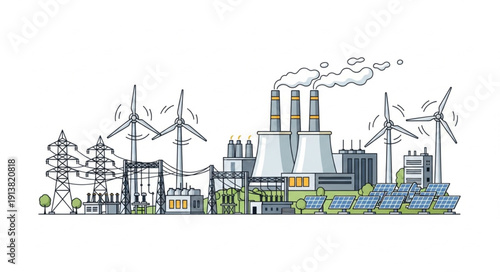 Industrial power generation landscape with wind turbines and power lines.