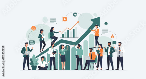 Business team celebrating growth and success with upward arrow and financial chart illustration
