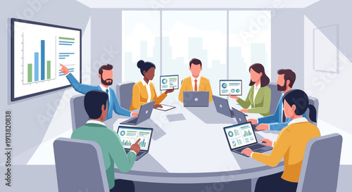 Business team meeting with data presentation and digital devices in modern conference room illustration
