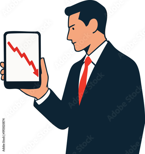 Businessman holding smartphone showing falling stock chart