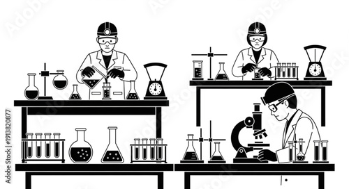 Scientists conducting experiments in a laboratory setting with various equipment.