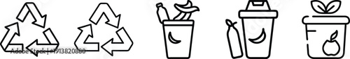 Icons representing waste reduction and ecological practices: multiple recycling symbols, a trash bin filled with organic waste like bananas and bottles, and a composting bin, promoting sustainable liv