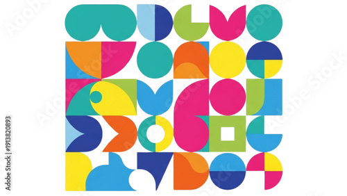 Vibrant abstract composition featuring geometric shapes and colorful patterns in a playful arrangement on a clean background viewed straight on