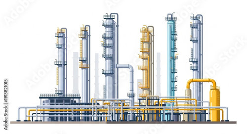 Industrial Oil Refinery Plant with Tall Towers and Pipes.