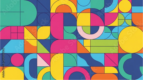 Vibrant geometric shapes in a modern abstract composition, viewed from directly above, showcasing diverse colors and patterns