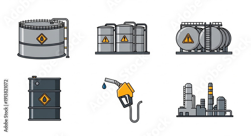 Industrial oil storage tanks and fuel nozzle illustration.