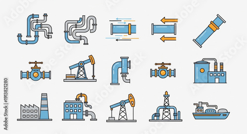 Industrial pipeline and oil rig icons set.