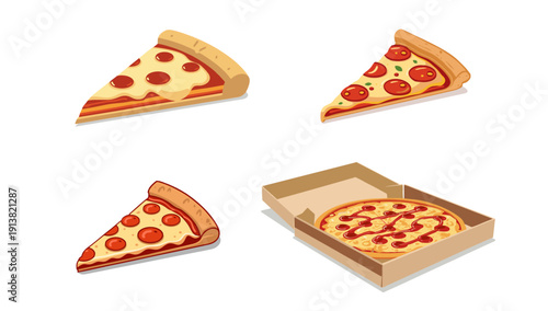 Pepperoni Pizza Slices and Open Pizza Box Vector Illustration Isolated on White Background