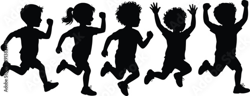 Energetic diverse group of young children playing together, running and jumping with happy expressions