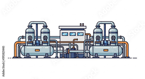 Industrial plant with large tanks and pipes illustration.