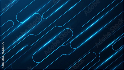 Futuristic blue neon light trails creating abstract patterns on dark background viewed from above with glowing lines and curves