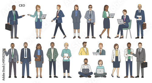Corporate business professionals collection with diverse office employees and executive characters illustration
