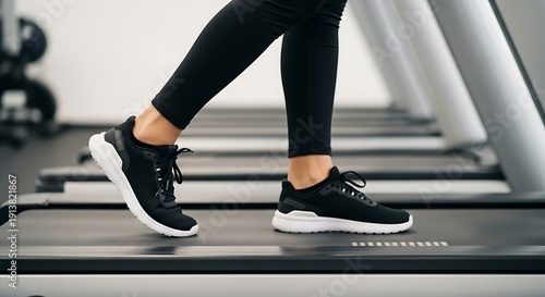 Focused shot on the lower body of an individual, dressed in athletic wear and trainers, engaging in a healthy walking exercise on a treadmill at a fitness center