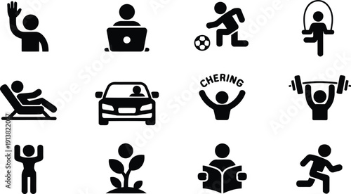 Black silhouette icons depict a range of everyday human activities and sports on a clean white background