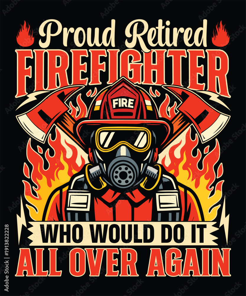 Obraz premium Fire Service Veteran Tribute Illustration with Helmet Mask and Flames