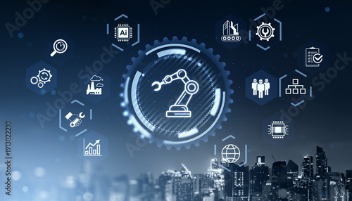 Industrial automation and robotics concept with digital icons over cityscape background representing smart manufacturing and business technology systems.