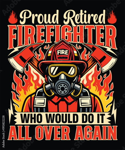 Fire Service Veteran Tribute Illustration with Helmet Mask and Flames