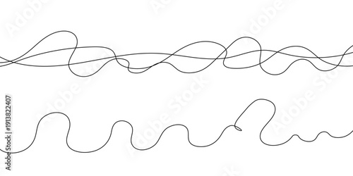 Thin squiggle golden line heart set. Wavy wiggle stripe. Curvy head or yarn lines for decor, separate, divider. Tangled squiggly linear doodle shapes. Vector