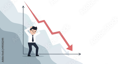 Businessman stressed under falling red arrow representing financial loss and market decline concept illustration
