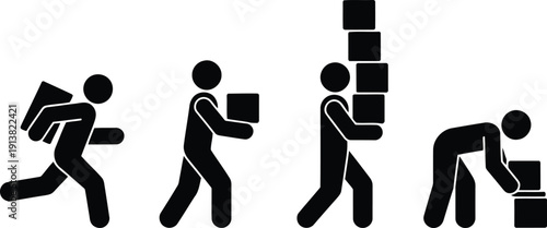 Black silhouette stick figures demonstrate common actions in shipping and handling packages