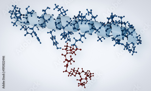 Retatrutide molecule. Protein molecular structure with alpha helix and ligand, light background. 3D render, illustration