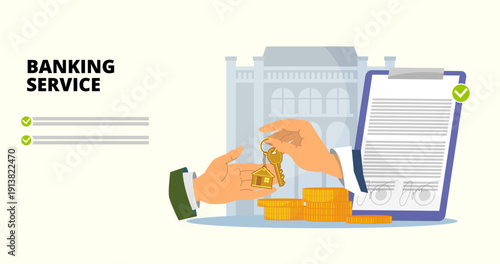 Illustration for landing page with banking service, vector illustration bank deal mortgage, financial concept, business document, financial deal