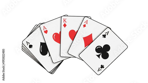 A fan of playing cards displaying various suits and ranks laid out closely together