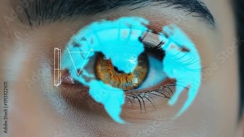 A close-up of a human eye with a futuristic digital interface overlay, highlighting global connectivity and technology integration.