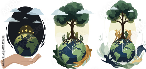Concept of Global Environmental Conservation, Sustainable Development and Earth Day Restoration with Tree Growing on Globe