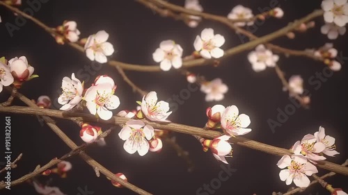 Branches with blossoming flowers at night, a serene scene captured from a close-up viewpoint
