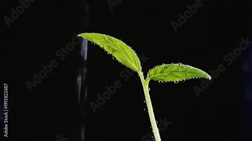 A young seedling with vibrant green leaves stands tall against a dark background, water dripping from its delicate stem.